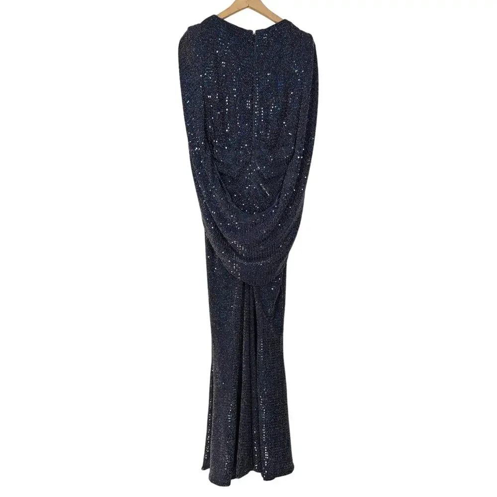 Talbot Runhof Rosin Metallic Navy Draped Gown V-Neck Cape Sleeve 6 36 Preowned - Picture 4 of 14